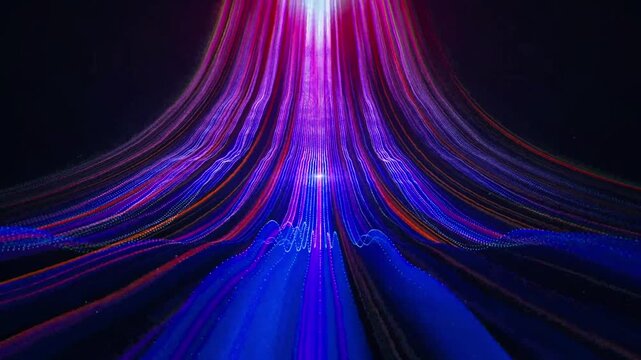 4K Ultra HD footage of a particle trails media backdrop showcasing glowing neon light rays, abstract hyper drive speed lines, and futuristic digital technology motion graphics.