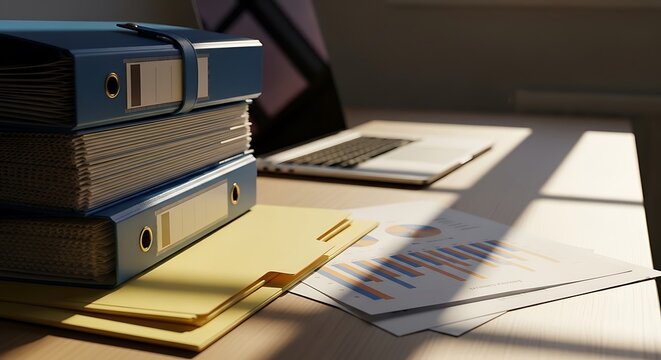 Blue ring binders and paper reports rest on a minimalist desk under warm golden hour sunlight with deep shadows. Perfect for corporate financial planning and tax consultancy marketing.
