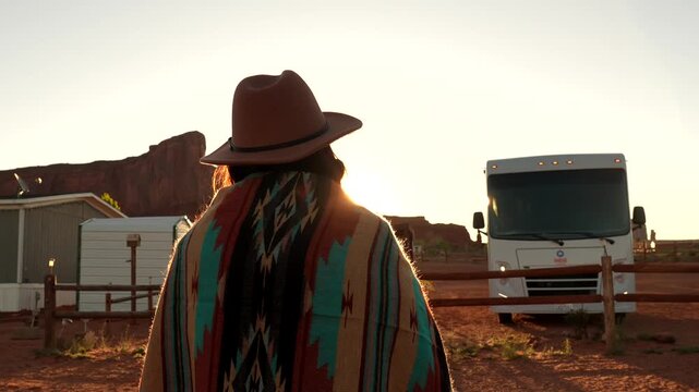 Rear view of a young woman wrapped in a colorful blanket and wearing a hat, watching the sunrise over the iconic red rock buttes of monument valley, standing next to her camper van