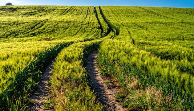 Tractor tracks on green grassy field.