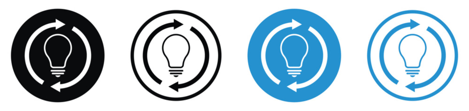 Light bulb icons with circular arrows representing the creative process, innovation cycle, and renewing ideas. Modern flat design in black and blue color schemes.