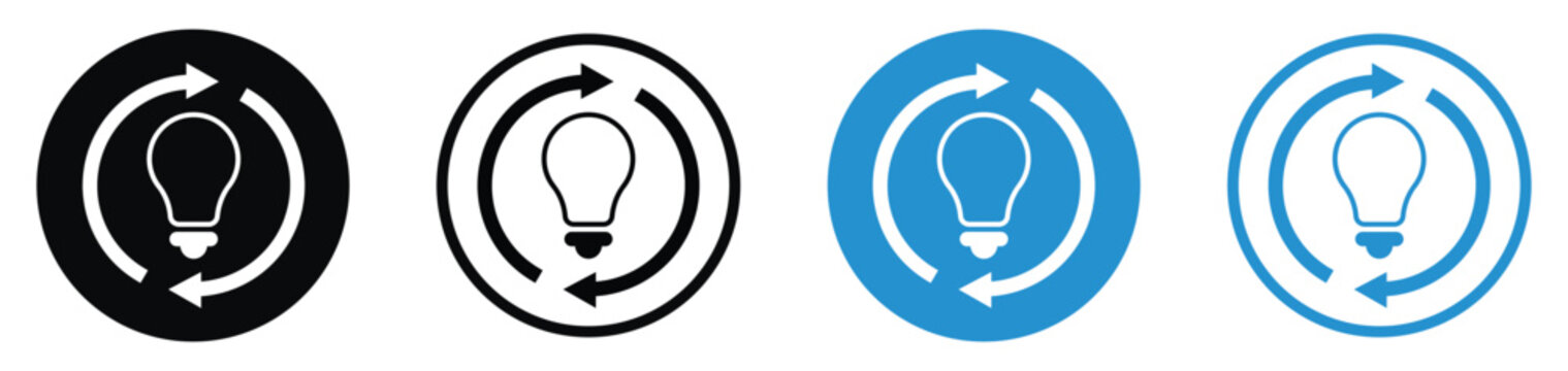 Light bulb icons with circular arrows representing the creative process, innovation cycle, and renewing ideas. Modern flat design in black and blue color schemes.