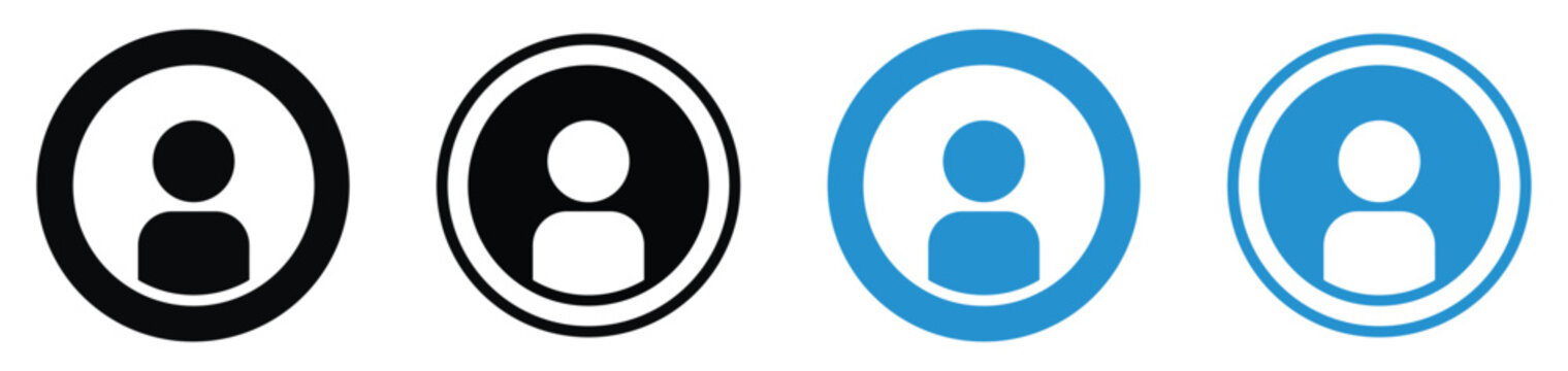 Set of minimalist user profile and member account icons. Includes solid and outline designs in black and blue circular frames. Perfect for UI/UX web and app design.