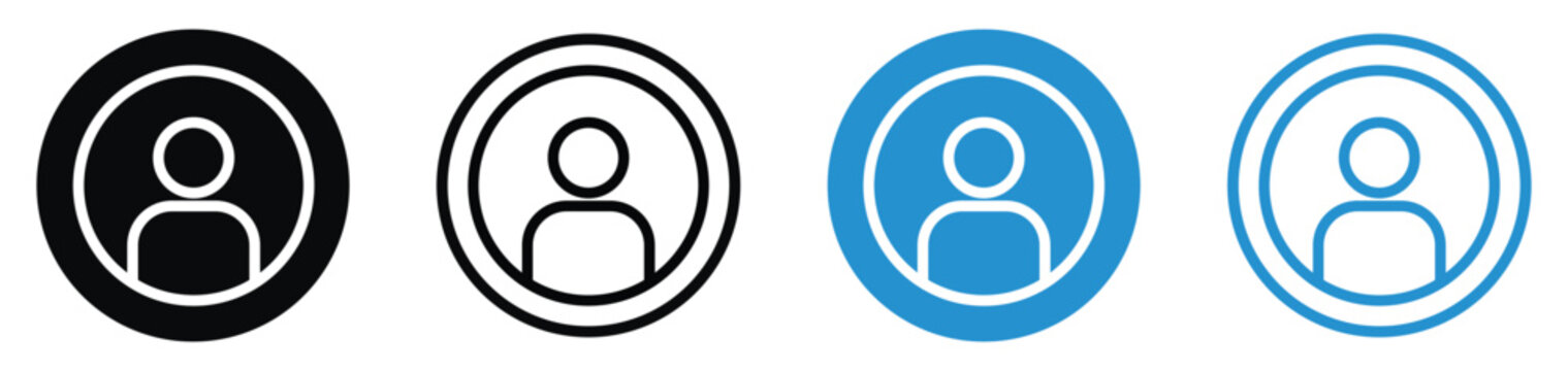 Set of minimalist user profile and member account icons. Includes solid and outline designs in black and blue circular frames. Perfect for UI/UX web and app design.