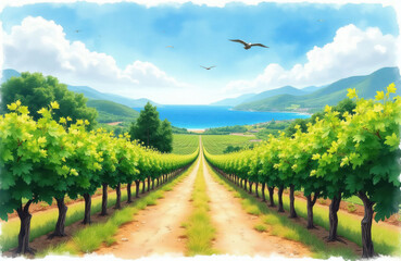 Obraz premium Vineyard rows stretch to blue sea under sunny sky. Green grape plants line dirt road. Hills and mountains form scenic background. Birds fly over landscape.