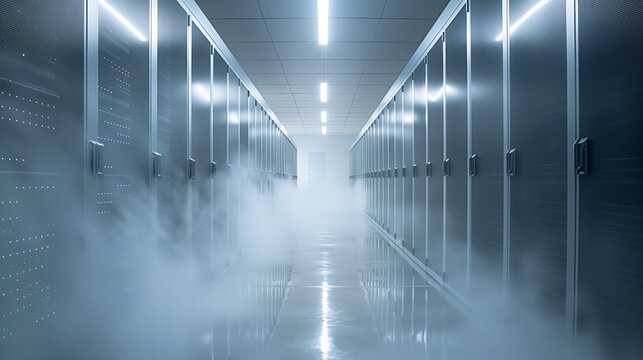 Hot and cold air separation visualization in data center corridor, clean corporate style.