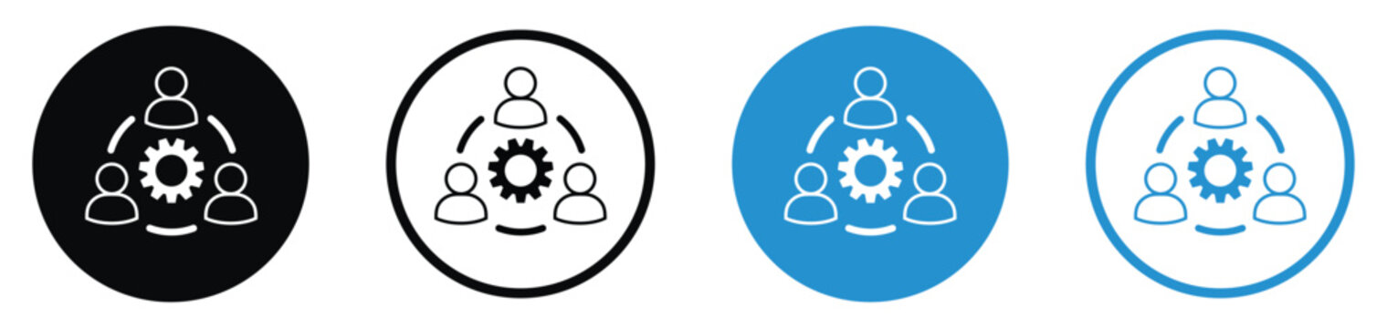 Flat vector icons featuring three people silhouettes connected around a central cog. Ideal for representing group collaboration, partnership, and organizational development.