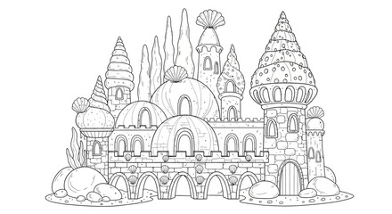 Naklejka premium Underwater mermaid castle coloring page vector, magical sea shell palace with coral towers and ocean domes, fantasy aquatic kingdom line art for children activity book illustration.