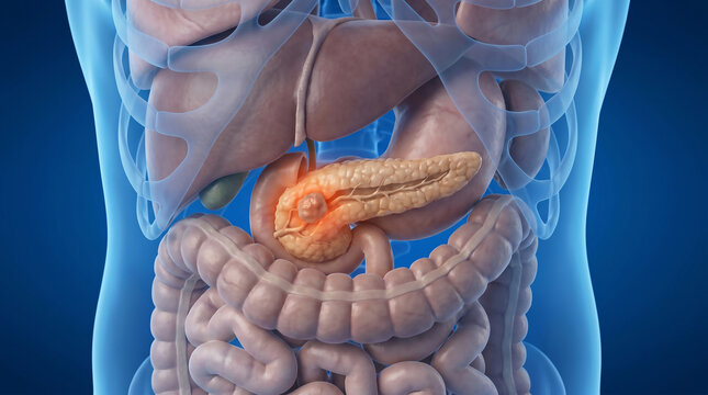 Understanding pancreatic cancer A detailed medical illustration highlighting the pancreas, raising awareness for emotional healthcare support during cancer treatment and recovery