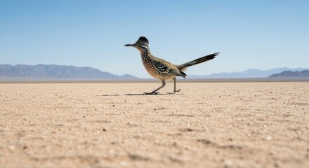 Fototapeta premium Roadrunner walking on desert sand landscape.