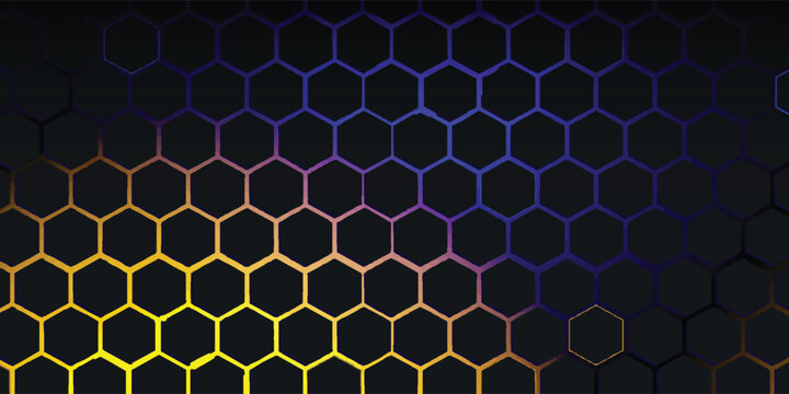 Abstract dark hexagon grid background with neon yellow and deep purple-blue light glow. Modern futuristic honeycomb pattern for gaming, financial technology, and digital network backdrop design.