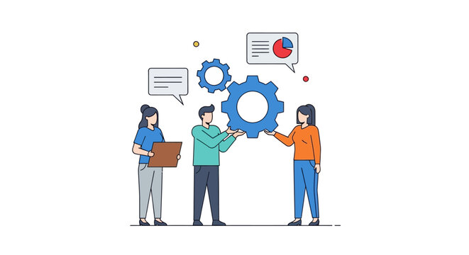Teamwork and Collaboration People working together to achieve a common goal with gears and charts representing business success and project management strategies