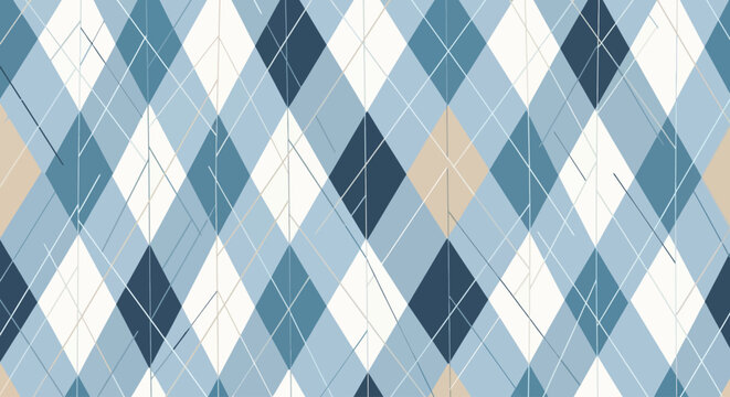A seamless repeating argyle pattern in shades of blue, beige, and white, creating a classic and sophisticated geometric design suitable for textiles and backgrounds