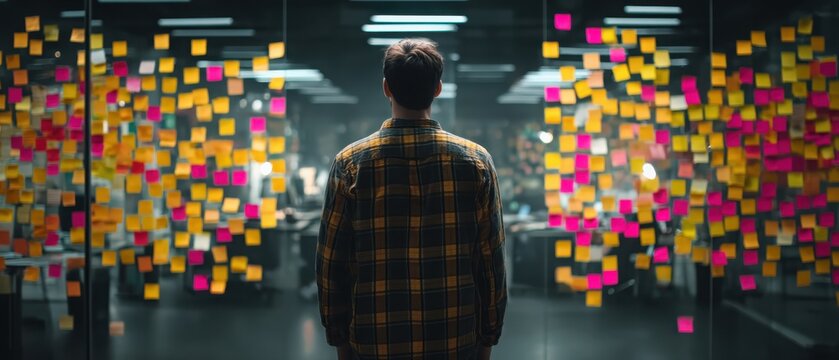 Startup founder brainstorming ideas in modern office with sticky notes creative environment business launch mindset