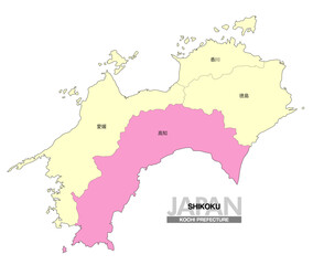 Obraz premium [日本地図] 四国の高知県の県名入り位置地図