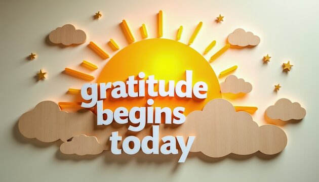 Wooden cutout sun with words gratitude begins today. Clouds and stars surround text. Gentle morning light shines, promoting positive feelings and a fresh start.