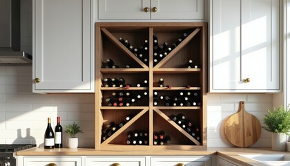 Obraz premium Wooden wine rack with bottles stored in white kitchen cabinets. Modern home cellar interior with wine bottles and shelves. Kitchen furniture for storing wine collection.