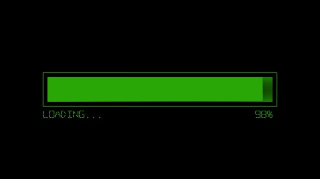 Dynamic green loading progress bar on a black screen, symbolizing a digital process nearing its 98% completion mark