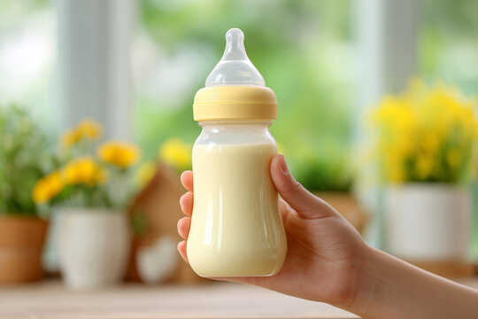 Woman hand holding a baby bottle of milk