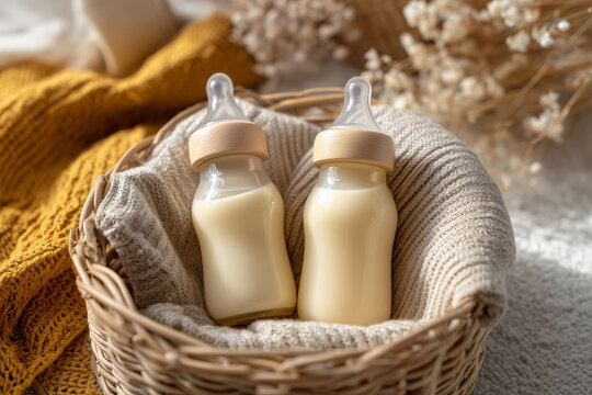 Baby bottles with milk in basket with cozy blanket. Maternity and baby care concept. Top view.