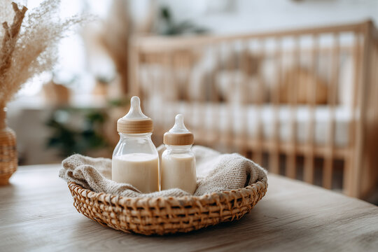 Baby bottles with milk in basket on a table.. Maternity and baby care concept.
