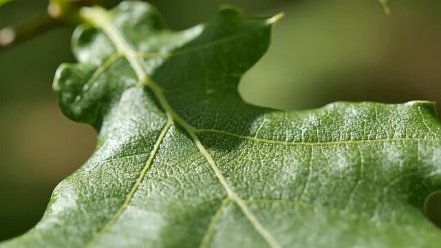 Closeup of a vibrant green oak leaf with intricate vein patterns.
