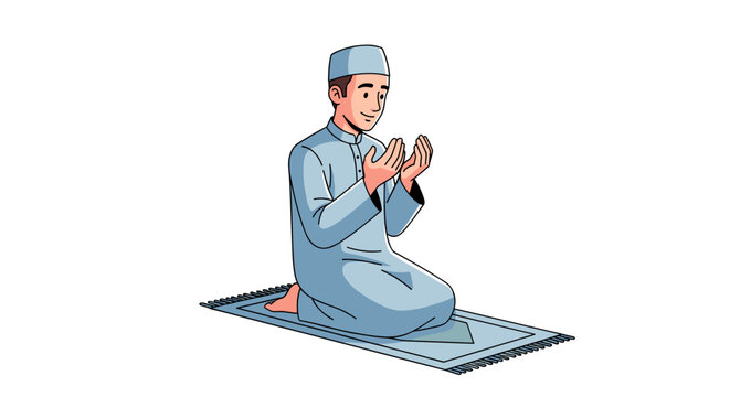 A young Muslim man in traditional attire kneels on a prayer mat with hands raised in supplication, performing salah or dua.