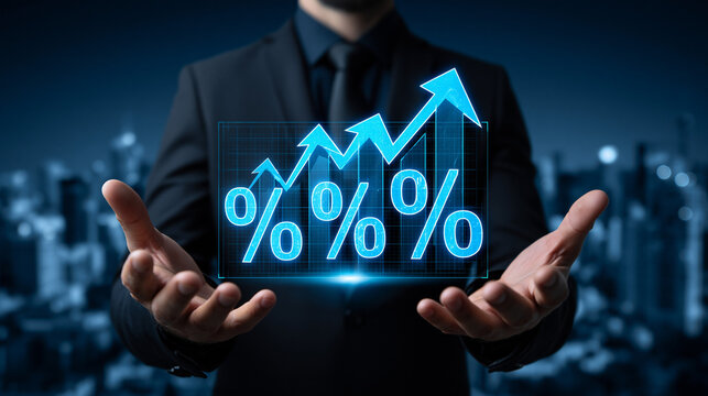 Growth Projection: A man in a suit delicately presents a vibrant percentage growth chart, visualizing the upward trajectory of progress against a backdrop of the urban night.