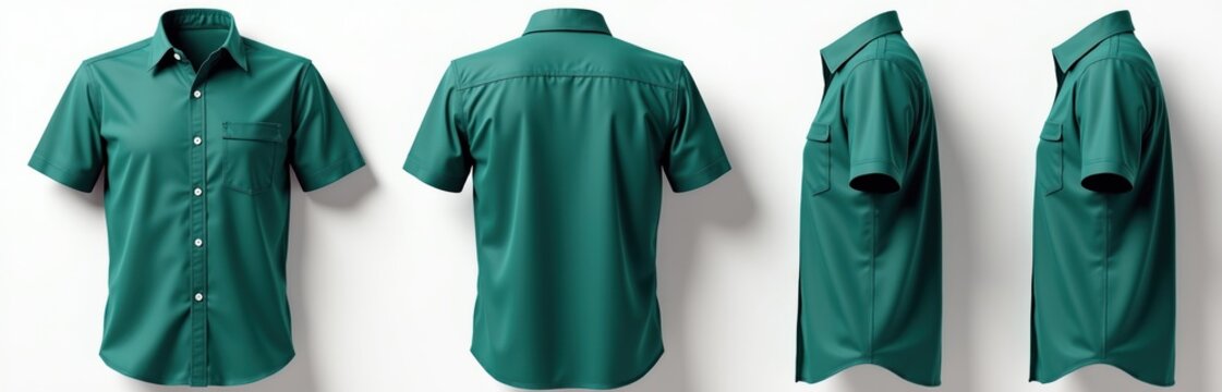 Short sleeve green button up shirt shown from front back and sides. Collared garment with chest pocket, ideal for casual wear or work uniforms. Clean studio presentation, versatile clothing mockup.