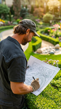 Garden Architect at Work: A seasoned landscaper, immersed in his craft, meticulously reviews blueprints within a vibrant, cultivated garden setting, embodying the art of outdoor design.