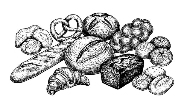 Freshly Baked Bread Assortment Hand Drawn Sketch Vector Illustration