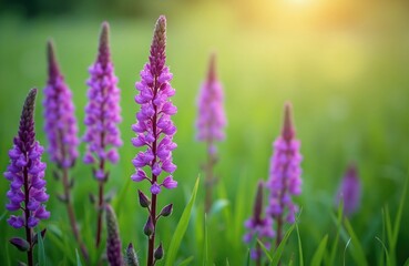 Obraz premium Purple loosestrife flowers bloom in lush green field. Tall spikes of violet petals reach toward soft sun glow. Wild plants grow near water. Nature beauty.