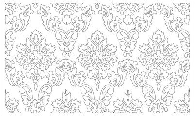 Technical line art illustration of a seamless damask pattern featuring elegant symmetrical floral fleur-de-lis and baroque scroll motifs © Riki