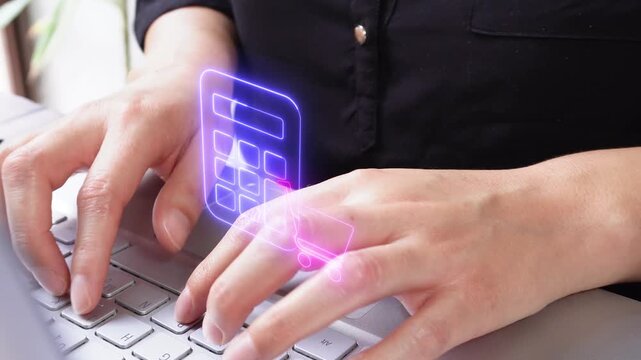 Cost analysis in purchasing. Close-up of a professional woman's hands using a computer with a virtual calculator icon and shopping cart.