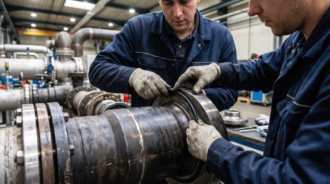 Medium shot of a technician carefully fitting a flexible elastomer seal into a deep groove ensuring a precise and tight fit for fluid containment in industrial piping.