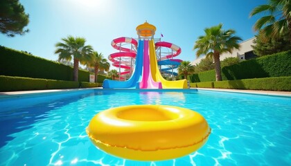 Obraz premium Water park slides rise above a blue swimming pool with a yellow inflatable ring floating. Palm trees line the poolside on a sunny day. People enjoy summer vacation fun and cool refreshment.