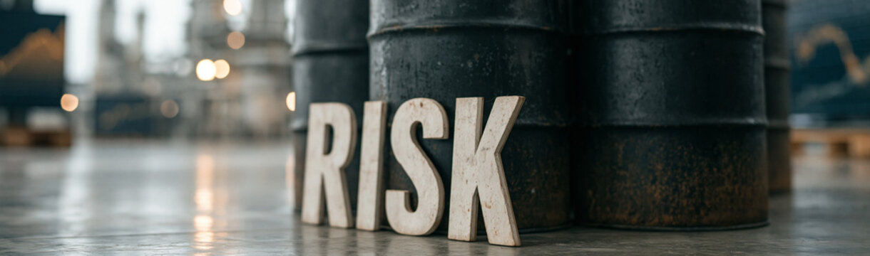 Navigating the Labyrinth of Risk: The word RISK stands as a bold, silent sentinel before a row of oil drums. The image speaks of caution, potential hazards, and the complex choices we make.