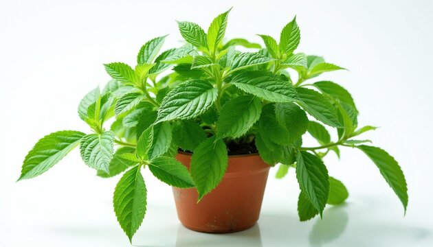 Green lemon balm plant in brown pot on white background. Aromatic herb leaves grow, used in herbal medicine teas and cooking. Fresh botanical ingredient for wellness.