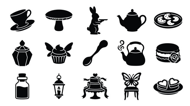 Collection of whimsical black silhouette icons representing elements from Alice in Wonderland and a tea party.