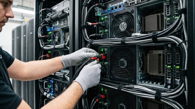 Closeup on a technician connecting power units within a storageheavy modular server rack highlighting cable management and airflow setup.