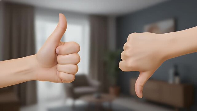 Human hands showing opposite gestures of thumbs up and thumbs down to represent making difficult decisions or comparing positive and negative feedback in a professional business environment setting