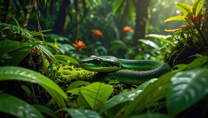Obraz premium Green snake in tropical forest foliage.