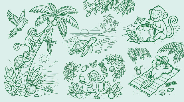 Collection of tropical island illustrations featuring monkeys, palm trees, parrots, and turtles enjoying a vacation.