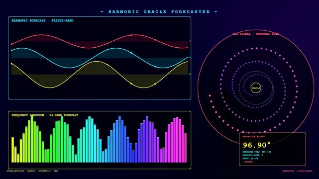 Dynamic motion of a sophisticated Predictive Analytics Graph animates across a dark digital screen displaying oscillating wave patterns and rotating spiral data visualizations with vibrant neon glows.