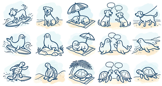 Collection of cute cartoon animals enjoying summer vacation at the beach, including dogs, seals, and turtles.