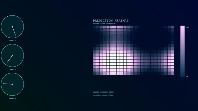 This digital predictive analytics graph displays fluctuating data patterns through a glowing heatmap interface while circular signal dials rotate smoothly against a dark futuristic background.