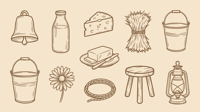 Collection of rustic farm and dairy icons, including a bell, milk bottle, cheese, butter, hay, buckets, flower, rope, stool, and lantern.