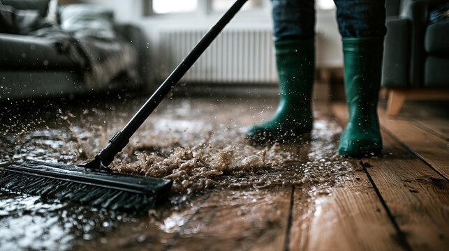 Muddy Squeegee Splatter: Flooded Room, Green Rain Boots, Black Handle, Indoor Flood Cleanup