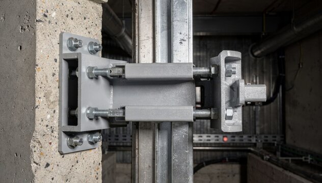 Medium shot of elevator seismic restraint brackets and buffers installed in a highrisk seismic zone highlighting robust anchoring and heavyduty components.