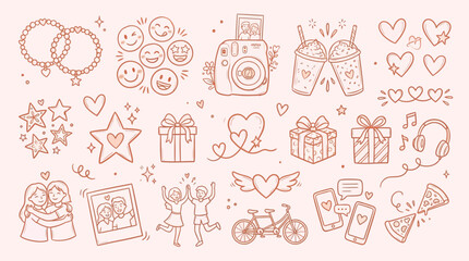 Collection of cute doodle icons representing love, friendship, and celebration, perfect for Valentine's Day or any joyful occasion. © KN collection